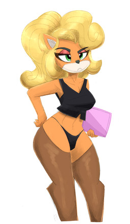 anthro blonde_hair breasts clothing computer electronics eyeshadow female fur green_eyes hair laptop legwear makeup midriff navel orange_body orange_fur panties ponytail simple_background solo thigh_highs underwear flutterthrash activision crash_bandicoot_(series) coco_bandicoot bandicoot mammal marsupial 2022 absurd_res hi_res