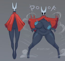 anthro areola big_breasts biped black_body black_skin blue_areola blue_nipples blush blush_lines bouncing_breasts breast_expansion breasts cloak clothed clothing dark_body dark_skin embarrassed expansion female genitals grey_background horned_mask huge_breasts mask mostly_nude motion_lines nipples non-mammal_breasts non-mammal_nipples non-mammal_vulva onomatopoeia partially_clothed red_cloak red_clothing shocked simple_background slightly_chubby slightly_chubby_female solo sound_effects standing text transformation vulva white_mask wind cyber_d1e hollow_knight_(franchise) team_cherry hornet_(hollow_knight) animal_humanoid arthropod arthropod_humanoid humanoid insect insect_humanoid absurd_res hi_res signature