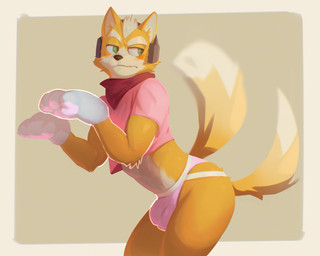 afterimage annoyed anthro big_bulge blush border bulge cat_paws clothed clothed_anthro clothed_male clothing crop_top crossdressing detailed_bulge dipstick_tail electronics femboy fur green_eyes head_turned headgear headphones headset jockstrap kerchief leaning leaning_forward looking_aside male male_anthro markings orange_body orange_fur paw_pose pawpads pink_clothing pink_crop_top pink_jockstrap pink_shirt pink_topwear pink_underwear pose red_kerchief shirt side_view simple_background skimpy solo standing tail tail_markings tail_motion tailwag tan_background tan_body tan_fur topwear underwear white_border jrjresq nintendo star_fox fox_mccloud canid canine fox mammal 5:4 colored hi_res portrait shaded three-quarter_portrait