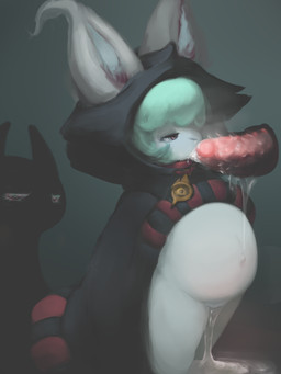 animal_genitalia animal_penis bangs black_clothing black_hoodie black_nose black_topwear blue_inner_ear bodily_fluids bottomless clothed clothing collar cum cum_drip cum_in_mouth cum_inside cum_on_ground cum_string disembodied_penis dripping eyelashes feline_genitalia feline_penis female genital_fluids genitals green_background green_eyelashes green_hair hair hoodie inflated_belly innie_vulva jewelry long_ears looking_forward male medallion multicolored_eyes narrowed_eyes navel penis pink_eyes pupils red_penis short_hair simple_background slightly_chubby steam topwear two_tone_eyes vulva white_ears kemo_priestess league_of_legends riot_games tencent shadow_(lol) vex_(lol) humanoid shadow_creature yordle 3:4 digital_media_(artwork) digital_painting_(artwork) painting_(artwork)