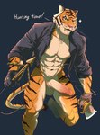 abs anthro balls biped circumcised clothing dialogue erection fur genitals grappling_hook humanoid_genitalia humanoid_penis male muscular muscular_anthro muscular_male nipples penis shirt simple_background solo tail topwear ggan_ggandi epic_games fortnite oscar_(fortnite) felid mammal pantherine tiger 2023 absurd_res digital_drawing_(artwork) digital_media_(artwork) hi_res