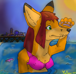 anthro bikini clothed clothing detailed_background female green_eyes nipple_outline outside partially_submerged pier sea seaside simple_background skimpy sky solo stare sun swimwear two-piece_swimsuit wardrobe_malfunction water yellow00 gameboysage frost_wolf canid canine fox mammal