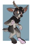 anthro antlers black_hair chibi eye_scar facial_scar full_pad fur gesture grey_body grey_fur hair hand_pawpads horn looking_at_viewer male neck_tuft nude orange_eyes paws safe_nudity scar solo tuft waving waywardmutt ra'deer cervine deer mammal 2016 hi_res portrait