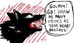 ambiguous_gender black_body black_fur dialogue empty_eyes feral fur humor open_mouth sharp_teeth solo speech_bubble teeth text tongue what white_eyes dspud canid canine canis mammal wolf black_and_white_and_red english_text