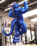 4:5 4_toes akuro anthro back_muscles backsack balls barely_visible_balls barely_visible_genitalia blue_body blue_butt blue_scales blue_tail butt casual_nudity claws clenched_teeth dragon dream_and_nightmare exercise eyes_closed feet genitals hi_res horn male muscular muscular_male mythological_creature mythological_scalie mythology nude nude_workout pull-up_(exercise) scales scalie soles solo tail tail_tuft teeth toe_claws toes tuft white_horn workout