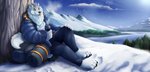 anthro arctic clothing coat cold fluffy ice male neck_tuft scenery snow snowflake snowing solo text topwear tuft whiskers jonas-puppeh awkore arctic_wolf canid canine canis mammal wolf hi_res url