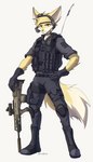 anthro armor body_armor boots bottomwear clothing electronics footwear fur gloves gun hand_on_hip handwear headgear headphones headset l86 looking_at_viewer male pants ranged_weapon rifle shoes simple_background solo standing tan_body tan_fur weapon white_background yellow_eyes endjfcar canid canine fennec_fox fox mammal true_fox 2019 4:7 hi_res