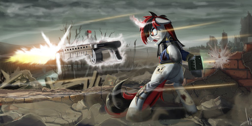 alternate_universe armor bandage bandaged_leg black_hair clothing cutie_mark day detailed_background female feral fur gun hair hooves horn knife magic magic_user melee_weapon multicolored_hair outside pip-boy ranged_weapon red_eyes red_hair shotgun sky solo sun two_tone_hair vault_suit weapon white_body white_fur rublegun fallout fallout_equestria foe:_project_horizons friendship_is_magic hasbro microsoft my_little_pony mythology blackjack_(fallout_equestria) fan_character equid equine horse mammal mythological_creature mythological_equine pony unicorn crossover hi_res