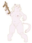 anthro areola bangs breasts claws female fur genitals gun hair holding_gun holding_object holding_ranged_weapon holding_weapon knock-kneed narrowed_eyes nipples nude paws pink_areola pink_body pink_fur pink_nipples pink_nose pubes pussy ranged_weapon simple_background slightly_chubby solo submachine_gun trigger_discipline weapon white_background white_hair niedopalek felid feline mammal digital_drawing_(artwork) digital_media_(artwork) hi_res