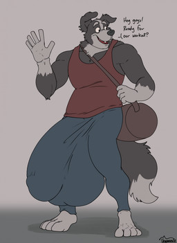 4_toes 5_fingers anthro balls_outline barefoot big_bulge black_body black_fur black_nose blue_bottomwear blue_clothing blue_pants blue_sweatpants bottomwear brown_bag bulge clothed clothed_anthro clothed_male clothing countershade_face countershade_fur countershading detailed_bulge dialogue dipstick_tail eyebrows feet fingers floppy_ears folded_ears fur genital_outline gesture gloves_(marking) grey_background gym_bag huge_bulge humanoid_hands hyper hyper_bulge looking_aside male male_anthro markings multicolored_body multicolored_fur open_mouth open_smile pants penis_outline plantigrade red_clothing red_shirt red_tank_top red_topwear shirt shoulder_bag simple_background smile solo speech_bubble standing sweatpants tail tail_markings tank_top teeth text three-quarter_view toes topwear two_tone_body two_tone_fur waving white_body white_countershading white_eyebrows white_feet white_fur white_hands uniparasite border_collie canid canine canis collie domestic_dog herding_dog mammal pastoral_dog sheepdog digital_drawing_(artwork) digital_media_(artwork) english_text flat_colors full-length_portrait hi_res portrait signature