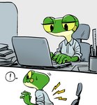 amphibian anthro book chair clothed clothing computer electronics female frog furniture green_body guran_ji_(shurueder) laptop office_chair shurueder solo surprise