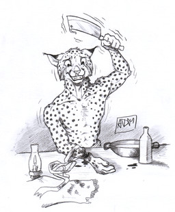 5_fingers amputation amputee anthro blood bodily_fluids disability fingers fur gore holding_object knife male markings mutilation self-harm solo spots spotted_body spotted_fur tears 0laffson kari_(0laffson) cheetah felid feline hybrid lynx mammal 2018 sketch story story_in_description traditional_media_(artwork)