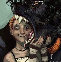 ambiguous_gender anthro arm_warmers armwear big_pupils black_body black_fur black_hair buzz_cut clothed clothing collar colored_nails curly_hair dilated_pupils duo ear_piercing eyebrow_piercing facial_piercing fangs female fur hair happy head_in_mouth highlights_(coloring) larger_anthro mawplay nails nose_piercing nose_ring pale_skin piercing pupils ring_piercing romantic romantic_couple size_difference smaller_human smile teeth teratophilia tongue yellow_eyes zarzaliel canid canine human mammal monster hi_res