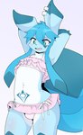 anthro anthrofied arm_tuft belly blue_eyes blue_hair blush blush_lines body_blush bottomwear bulge chest_tuft clothed clothed_male clothing crossdressing ear_piercing ear_ring elbow_tuft embarrassed facial_markings femboy fur furgonomics furry-specific_piercing gloves_(marking) hair hands_behind_head head_markings leg_blush male male_anthro markings multicolored_body multicolored_fur navel open_mouth outline piercing pink_clothing pink_topwear ring_piercing simple_background skirt solo thigh_blush tongue topwear tuft two_tone_body two_tone_fur underwear white_belly white_body white_fur womb_tattoo nightmareroa nintendo pokemon eeveelution generation_4_pokemon glaceon pokemon_(species) absurd_res digital_media_(artwork) hi_res signature