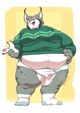 anthro belly belly_overhang big_belly big_moobs briefs bulge clothing footwear fur grey_body grey_fur male moobs obese obese_anthro obese_male overweight overweight_anthro overweight_male pawpads smile smug socks solo sweater thick_thighs tighty_whities topwear underwear white_briefs white_clothing white_underwear mangolynx disney zootopia pawbert_lynxley canada_lynx felid feline lynx mammal absurd_res hi_res