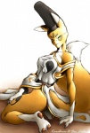 2001 anthro bandai_namco biped blue_eyes bottomless butt canid canine clothed clothing digimon digimon_(species) female fluffy fluffy_tail fully_clothed fur hat headgear headwear karabiner kneeling looking_at_viewer mammal nipple_outline solo tail taomon yellow_body yellow_fur