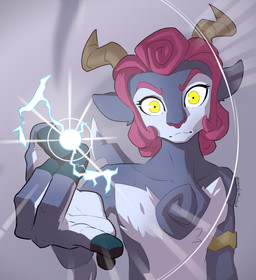 4_fingers anthro clothing energy energy_ball female fingers flat_chested fur hair hollow_purple_(jujutsu_kaisen) hooves horn looking_at_viewer pink_hair purple_body solo wide_eyed yellow_eyes mardymuntjak jujutsu_kaisen rivals_of_aether absa gojo_satoru bovid caprine goat mammal 2025 digital_media_(artwork) hi_res meme signature