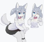 4_fingers :3 anthro bare_shoulders blue_eyes blush blush_lines bottomwear breasts claws cleavage clothed clothing collar cute_fangs fangs female fingers flirting flirting_with_viewer fluffy fluffy_tail fur glistening glistening_hair grey_body grey_fur grey_hair hair handpaw inner_ear_fluff knee_brace medium_breasts no_bra one_eye_closed paws pear-shaped_figure simple_background sitting skirt smile solo sweater tail tail_motion tailwag teeth topwear tracking_bracelet tracking_device tuft white_background wide_hips wink liteee canid canine canis mammal wolf hi_res