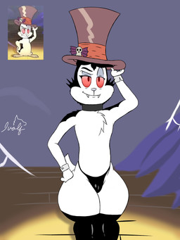 anthro bedroom_eyes black_body black_ears black_fur black_hair black_tail clothing femboy fur hair hat hat_ornament headgear headwear latex latex_clothing latex_legwear legwear male narrowed_eyes red_eyes scut_tail seductive short_tail smile solo tail teeth tuft white_body white_fur white_nose white_tail ivolflobogris bunnicula_(series) bunnicula lagomorph leporid mammal rabbit vampire 3:4 absurd_res hi_res