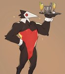 anthro beverage black_body black_feathers clothing feathers hand_on_hip holding_object leotard male red_eyes serving serving_beverage simple_background solo sparkles sparkling_character standing tan_background waiter white_face bebebebebe deltarune undertale_(series) darkner swatchling 2021