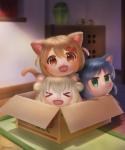 :d >_< box container eyes_closed group inside looking_at_viewer open_mouth smile shiori2525 nyanko_days ma ro_(nyanko_days) shi animal_humanoid cat_humanoid felid felid_humanoid feline feline_humanoid humanoid mammal mammal_humanoid