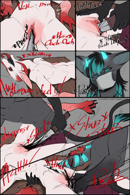 2_horns anthro arm_tattoo black_blood black_hair black_hands black_nails blade_in_vagina blood blood_from_vagina blood_in_pussy blood_on_pussy blue_eyes blue_hair blue_horn bodily_fluids clitoris colored_blood colored_nails dialogue duo feet femboy furniture genital_danger_play genital_mutilation genital_torture genitals glowing glowing_horn gore gore_focus hair holding_object holding_weapon horn intersex intersex/male knife knife_in_vagina knife_play long_ears male mask masochism medical_instrument mutilation nails on_table pain pussy_torture red_eyes red_feet red_hands red_horn satisfied scientific_instrument screaming speech_bubble stab stab_wound surgical_mask table tattoo text tongue touching_chest unusual_blood unusual_bodily_fluids vulva weapon wearing_mask wounded skwerna_timido skwerna lizard reptile scalie succubus comic hi_res nonbinary_(lore)