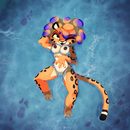 anthro areola athletic athletic_anthro athletic_female beach big_breasts big_eyes biped black_spots breasts claws female front_view fur genitals hand_on_belly high-angle_view highlights_(coloring) looking_at_viewer lying_in_water lying_on_ground nipples nude nude_female on_ground one_eye_closed open_mouth orange_body orange_fur partially_submerged paws posing_nude purple_highlights solo spots vulva wet wet_body wide_hips wink winking_at_viewer yellow_sclera pusszone barika_(willwri) cheetah felid feline mammal 1:1 2025 hi_res
