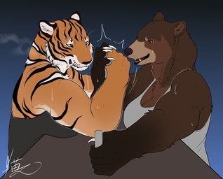 anthro arm_wrestling bodily_fluids breasts cigarette cigarette_in_mouth cigarette_smoke cleavage clothed clothing competition duo eye_contact female female/female flexing_muscles fluffy looking_at_another muscular muscular_female muscular_on_muscular object_in_mouth open_mouth paws smoke sweat nekomata_ftnr akira_(nekomata_ftnr) verena_(wanderlusthawk) bear brown_bear felid grizzly_bear mammal pantherine tiger ursine hi_res