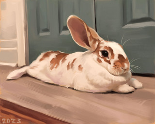 big_ears black_eyes brown_markings feral fur lying markings on_front quadruped short_fur solo whisker_spots whiskers white_body white_fur alexpahomov domestic_rabbit lagomorph leporid mammal oryctolagus rabbit 2023 5:4 digital_media_(artwork) digital_painting_(artwork) hi_res painting_(artwork)