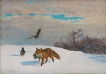 1922 20th_century absurd_res ambiguous_gender ancient_art avian bird brown_body brown_fur bruno_liljefors canid canine cloud day detailed_background feathered_wings feathers feral flying fox fur group hi_res mammal mouth_hold nude oil_painting_(artwork) outside painting_(artwork) predator/prey public_domain quadruped red_fox signature sky snow traditional_media_(artwork) true_fox walking wings winter