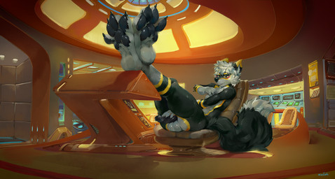 anthro balls biped black_body black_claws black_fur black_glans black_nose black_pawpads black_penis black_tail blonde_eyebrows blue_ears bodily_fluids cheek_tuft claws dipstick_ears dipstick_tail dripping ear_markings electronics erection eyebrows facial_tuft fur futuristic genital_fluids genitals glans glistening glistening_balls glistening_genitalia glistening_nose glistening_pawpads glistening_penis grey_balls grey_body grey_fur grey_hair grey_inner_ear grey_tail hair hand_on_penis humanoid_genitalia humanoid_penis inside looking_at_viewer male markings messy_hair monitor multicolored_ears narrowed_eyes nude pawpads penis precum precum_drip short_hair sitting solo tail tail_markings three-quarter_view tuft yellow_body yellow_ears yellow_eyes yellow_fur oselotti sylen canid canine fox mammal hi_res signature