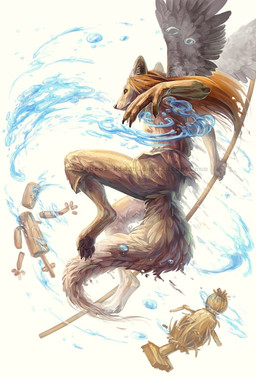 4_toes anthro barefoot black_nose brown_hair digitigrade feathered_wings feathers feet hair tail toes white_body white_feathers wings kuroi-kisin canid canine canis hybrid mammal wolf 2015 digital_media_(artwork)
