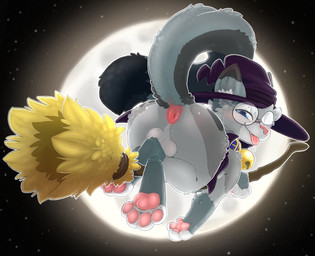 anthro anus backsack balls bell bell_collar blep blue_collar blue_eyes blush bodily_fluids broom broom_riding butt cape cleaning_tool cloak clothing collar dipstick_ears dipstick_fingers dipstick_tail dipstick_toes drooling drooling_tongue ear_markings eyewear feet femboy flying foot_focus full_moon fur genitals glasses gold_bell grey_body hair hat headgear headwear holidays looking_at_viewer looking_back magic_user male markings moon multicolored_ears pawpads paws pink_nose presenting presenting_hindquarters rear_view saliva smile smiling_at_viewer smirk smirking_at_viewer solo spots star tail tail_markings teasing teasing_viewer teeth tongue tongue_out tuft witch witch_costume witch_hat backsash halloween nixuelle domestic_cat egyptian_mau felid feline felis mammal 2025 digital_media_(artwork) hi_res