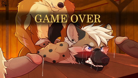 anal anal_penetration anthro anthro_on_anthro black_nose blonde_hair bodily_fluids brown_body brown_fur butt clenched_teeth cum cum_on_face defeat_sex dripping forced fur furniture game_over gameplay_mechanics genital_fluids genitals group hair male male/male male_penetrated markings nipples nude penetration penile penile_penetration penis penis_in_ass precum precum_drip rape sex spots spotted_body submissive submissive_male table tears teeth text ventkazemaru seru hyena mammal spotted_hyena absurd_res english_text hi_res