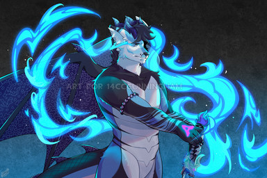 anthro blue_body blue_fire colored_fire fire head_horn horn looking_at_viewer male markings melee_weapon multicolored_body solo spiked_tail spikes spikes_(anatomy) sword tail weapon white_body wing_markings wings dch mythology canid canine canis dragon mammal mythological_creature mythological_scalie scalie wolf 3:2 digital_media_(artwork) watermark