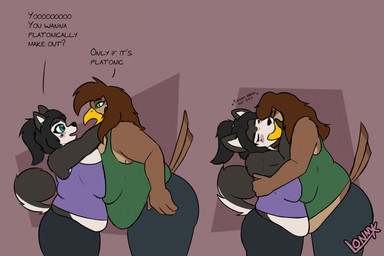 4_fingers anthro belly belly_overhang big_breasts black_hair black_nose blue_eyes blush bottomwear breast_squish breasts breasts_frottage brown_background brown_body brown_hair butt clothed clothing duo eyebrows feathers female female_kissing_female fingers fur green_eyes hair huge_breasts making_out multicolored_body multicolored_fur overweight overweight_anthro overweight_female pants shirt simple_background squish standing tail tail_feathers text topwear white_body white_fur lonnyk kayla_(lonnyk) pilot_(pilot129) accipitriform avian bird canid canine canis domestic_dog husky mammal nordic_sled_dog spitz english_text hi_res