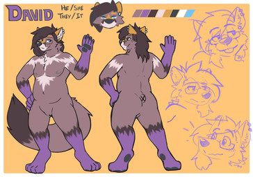 ambiguous_gender anthro brown_body ear_piercing front_view fur genitals multiple_piercings nipple_piercing nipples nude piercing purple_body purple_fur rear_view solo standing vulva deertori canid canine fox mammal model_sheet genderfluid_(lore)