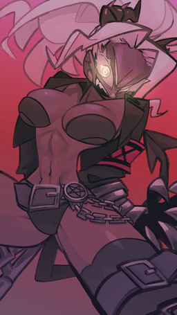 abs armband belt black_horn breasts brown_body brown_skin chain claws clothing eyebrows eyelashes female hair horn legwear long_hair looking_at_viewer looking_down low-angle_view metal_claws navel not_furry occult_symbol open_mouth pentagram simple_background solo spade_tail symbol tail teeth thigh_highs white_eyebrows white_eyelashes white_eyes white_hair chamy_(artist) helltaker judgement_(helltaker) demon demon_humanoid humanoid 9:16 hi_res