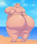 anthro beach big_butt blush butt clothed clothing crossdressing curled_tail embarrassed hooves huge_butt huge_moobs huge_thighs looking_at_viewer looking_back moobs one-piece_swimsuit overweight overweight_anthro skimpy sling_bikini solo swimwear tail text thick_thighs wide_hips roostermon gunther_(kinghydorah) domestic_pig mammal suid suine sus_(pig) artist_name hi_res male_(lore)