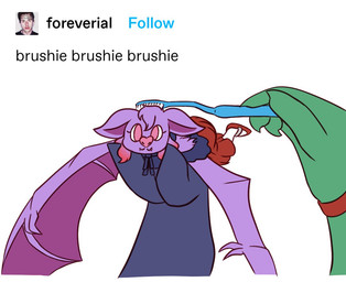 ambiguous_gender anthro biped brush clothed clothing dress eyelashes fangs footwear gradient_hair hair heart_nose heart_symbol holding_another membrane_(anatomy) membranous_wings multicolored_ears pink_eyes purple_ears purple_hair purple_wings red_clothing red_hair shoes size_difference smile solo teeth toothbrush two_tone_ears two_tone_wings winged_arms wings motherlatias brushie_brushie_brushie tumblr heather_(motherlatias) bat mammal 2022