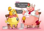 anthro bell belly belly_size_difference big_belly blonde_hair blush blush_stickers chair clothed clothing dairy_products dialogue duo eating_contest female food fur furniture hair header header_box horn huge_belly hyper hyper_belly medal navel overweight overweight_female plate shadow simple_background sitting speech_bubble stuffing text text_header whipped_cream yellow_body yellow_fur j-madeye animal_crossing nintendo isabelle_(animal_crossing) merengue_(animal_crossing) canid canine canis domestic_dog mammal rhinoceros shih_tzu toy_dog absurd_res english_text hi_res