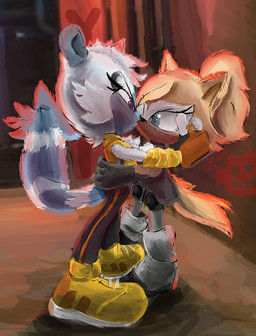 affectionate anthro armband bangs black_clothing black_gloves black_handwear black_nose boots bottomwear cheek_tuft clothing duo eye_contact eyelashes facial_tuft female female/female fluffy fluffy_tail footwear fur gloves grey_body grey_bottomwear grey_clothing grey_eyes grey_fur grey_pants hair half-closed_eyes handwear intimate kiss_on_lips kissing knee_pads long_hair long_tail looking_at_another love markings multicolored_body multicolored_fur narrowed_eyes pants pipe ponytail purple_eyes romantic romantic_couple shoes standing striped_markings striped_tail stripes symbol tail tail_markings tan_body tan_fur tan_hair topwear tuft vest wall_(structure) white_hair yellow_clothing yellow_footwear yellow_shoes yellow_topwear yellow_vest mythrava idw_publishing sega sonic_the_hedgehog_(comics) sonic_the_hedgehog_(idw) sonic_the_hedgehog_(series) tangle_the_lemur whisper_the_wolf canid canine canis lemur mammal primate ring-tailed_lemur strepsirrhine wolf 2020 colored digital_media_(artwork) digital_painting_(artwork) hi_res painting_(artwork) shaded signature