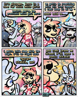 4_panel_comic aloha_shirt anthro blue_body blue_fur bow_tie brown_body brown_fur brown_hair cheek_spots cheek_tuft cigarette cigarette_in_mouth clothing dialogue facial_hair facial_tuft flat_cap floppy_ears fur group hair half-closed_eyes hat headgear headwear male mustache narrowed_eyes object_in_mouth overalls pattern_clothing pattern_shirt pattern_topwear shirt smile smirk smoking_tobacco smug smug_face smug_grin speech_bubble t-shirt tan_body tan_fur teeth text tooth_gap topwear tuft white_body white_fur wide_eyed yellow_body yellow_fur rawdawgcomics bingus_(rawdawgcomics) stahli_(rawdawgcomics) bird_dog canid canine canis domestic_dog golden_retriever hunting_dog lagomorph leporid mammal rabbit retriever 4:5 comic english_text hi_res