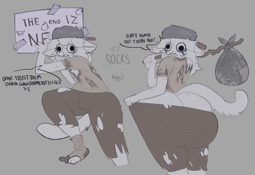 5_fingers anthro big_butt black_nose bodily_fluids bottom_heavy bottomwear brown_bottomwear brown_clothing brown_pants bubble_butt bulge butt butt_cleavage clothing cookware curvy_figure derp_eyes dialogue eyelashes femboy fingers footwear frying_pan fur grey_background hair homeless huge_butt kitchen_utensils long_hair long_tail male pants sign simple_background socks solo sweat sweatdrop tail tan_clothing tan_shirt tan_topwear text text_on_sign thick_thighs tools topwear torn_clothing torn_footwear torn_socks white_body white_fur white_hair white_tail wide_hipped_anthro wide_hipped_male wide_hips tuggg socks_(tuggg) domestic_cat felid feline felis mammal 2025 artist_name colored digital_drawing_(artwork) digital_media_(artwork) english_text