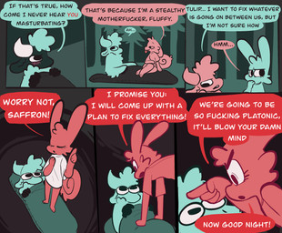 anthro clothed clothing dialogue female forest horn male partially_clothed plant poking profanity sitting_on_another sleeping_bag speech_bubble standing_on_another text tongue tongue_out tree vanilla_candy unicorn_blood_(comic) saffron_(unicorn_blood) tulip_(unicorn_blood) bovid caprine lagomorph mammal sheep comic english_text hi_res restricted_palette