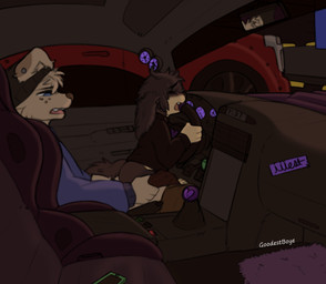 anal anal_penetration anthro car_sex duo exhibitionism looking_at_another male male/male on_bottom on_top open_mouth parking_lot penetration public public_sex reverse_cowgirl_position sex goodestboye russ_(goodestboye) canid canine canis domestic_dog mammal hi_res