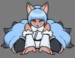 all_fours ambiguous_gender armwear blue_hair blue_tail clothing dipstick_tail hair legwear markings multi_tail narrowed_eyes smile solo squint tail tail_markings thigh_highs noahdoesart canid canine fox fox_spirit mammal hi_res