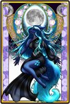 anthro art_nouveau black_clothing blue_body blue_hair card card_template clothed clothing crescent_moon detailed_background dress eyes_closed female floating fortune_telling full_moon hair light major_arcana moon moonlight solo sparkles tarot tarot_card the_moon_(tarot) tsarinart nyx_(icebounde) canid canine canis hybrid mammal wolf hi_res