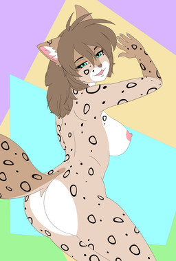 abstract_background anthro areola big_breasts blue_eyes breasts brown_hair butt butt_pose female fur hair inner_ear_fluff looking_at_viewer markings nipples nude open_mouth pose rear_view simple_background solo spots spotted_body spotted_fur tail tuft imjim007 twokinds kathrin_vaughan canid canine hybrid mammal 2025 absurd_res digital_media_(artwork) hi_res