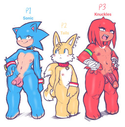 anthro armband balls bandaged_hand barefoot blue_body blue_eyes choker collar covering covering_crotch feet femboy fur genitals green_eyes group jewelry male necklace nipples nude_male penis purple_eyes red_body sharp_teeth tan_body tan_skin teeth thick_thighs trio white_body white_fur wristband yellow_body ashthenightt sega sonic_the_hedgehog_(series) knuckles_the_echidna miles_prower sonic_the_hedgehog canid canine echidna eulipotyphlan fox hedgehog mammal monotreme